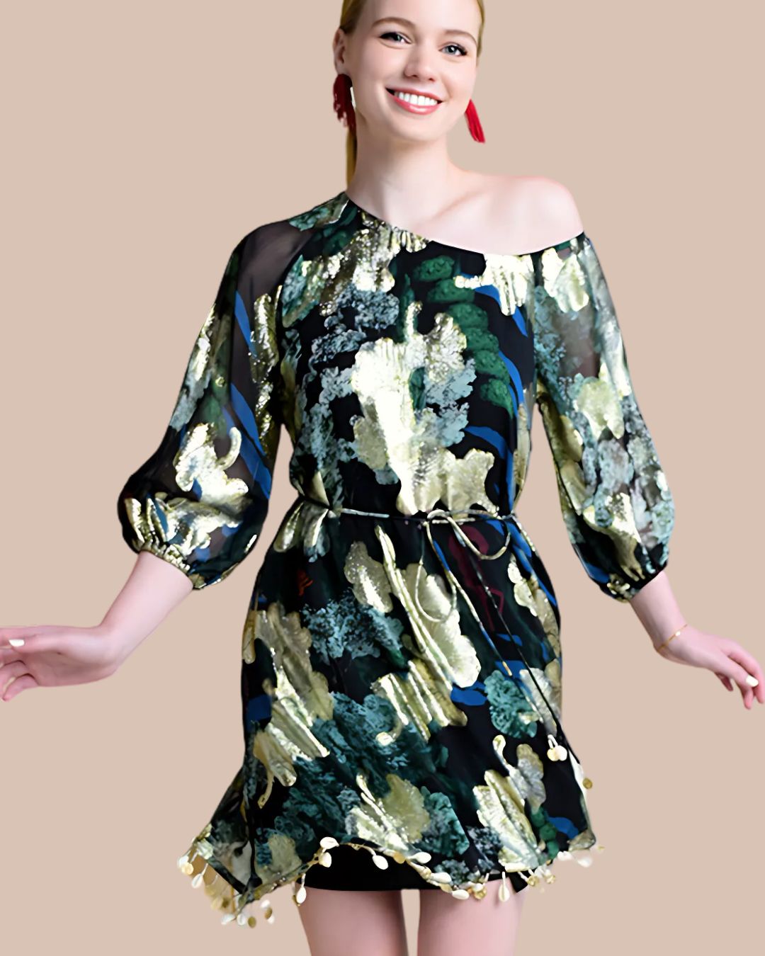 green and black wedding guest dress Black Beaded Crepe Scoop Neck Sleeveless Midi Dress