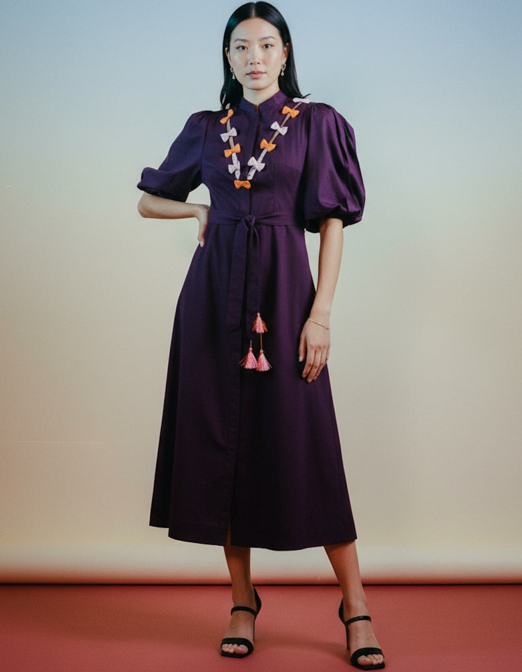 burgundy midi shirt dress Begum | Long Sleeves, Bow & Flared Skirt Style ·Fitted ·Front buttons Style:EE0164ABK Retro Tiered Button Up Long