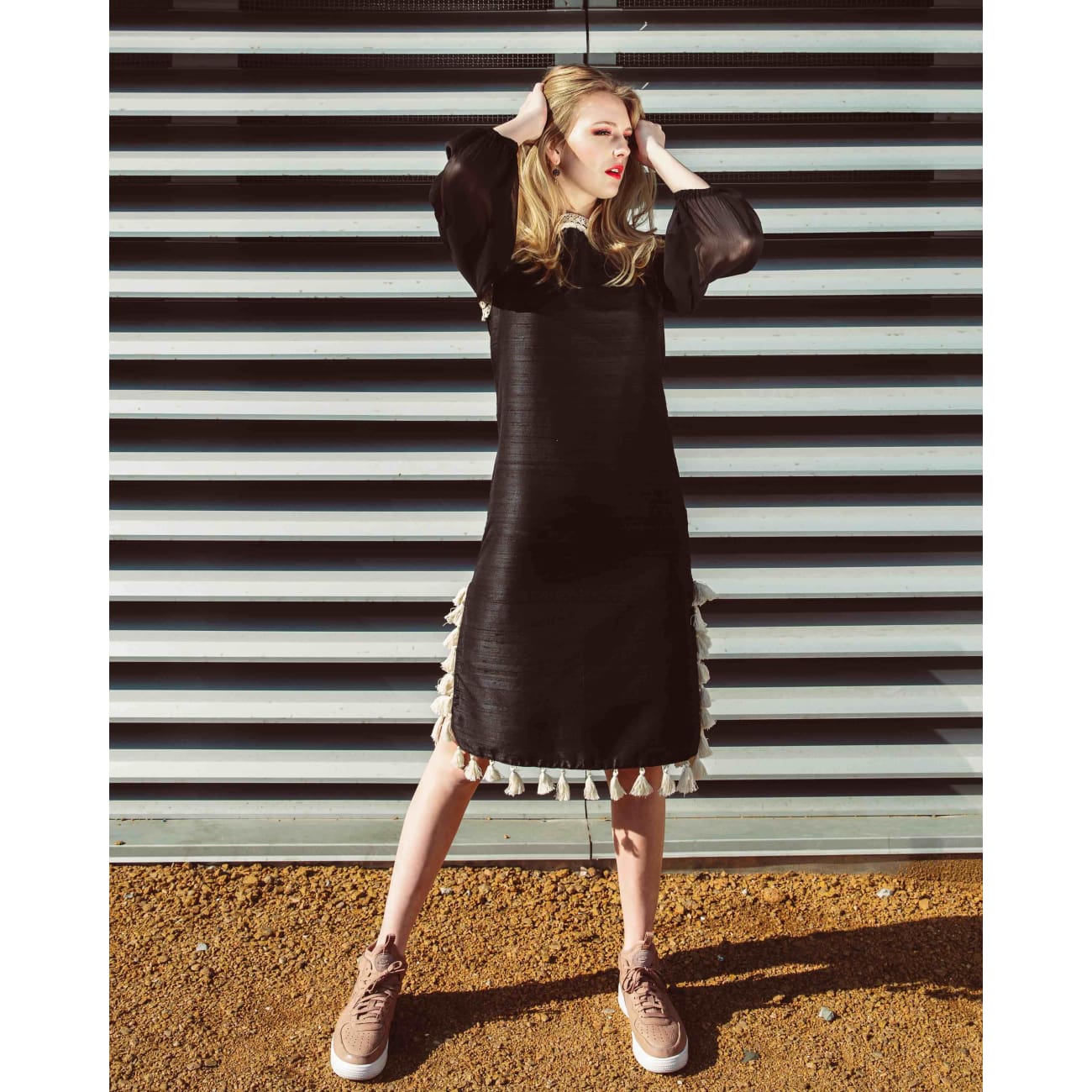 black bohemian dresses Black Kaftan Dress | Long sleeve Silk Midi Dress