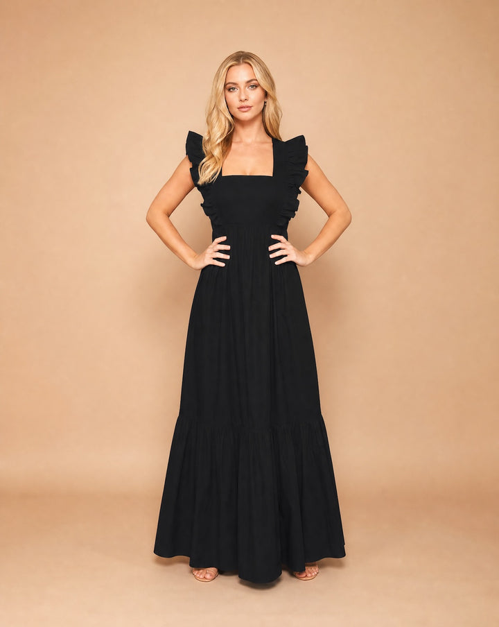 Black Cotton Maxi Dress | Square-Neck Fit & Flare | Sandhya Garg