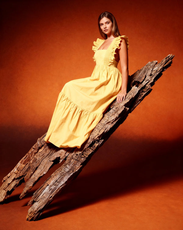 Yellow Square-Neck Poplin Fit & Flare Maxi Dress