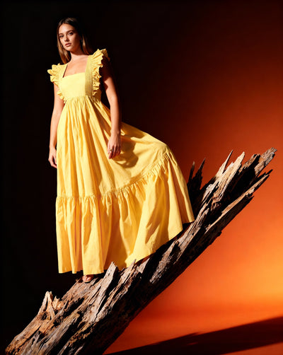 Yellow Square-Neck Poplin Fit & Flare Maxi Dress