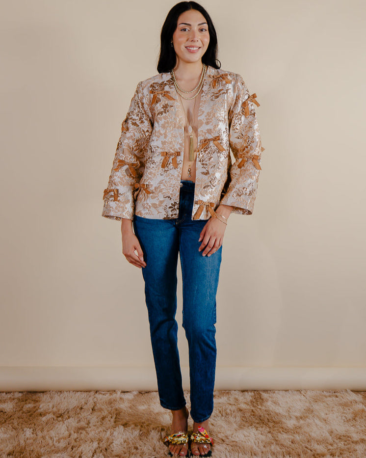 Sandhya Garg Agra gold jacquard jacket fabric detail — showing woven jacquard pattern texture and gold colour on jacket body