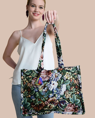 green floral tote bag