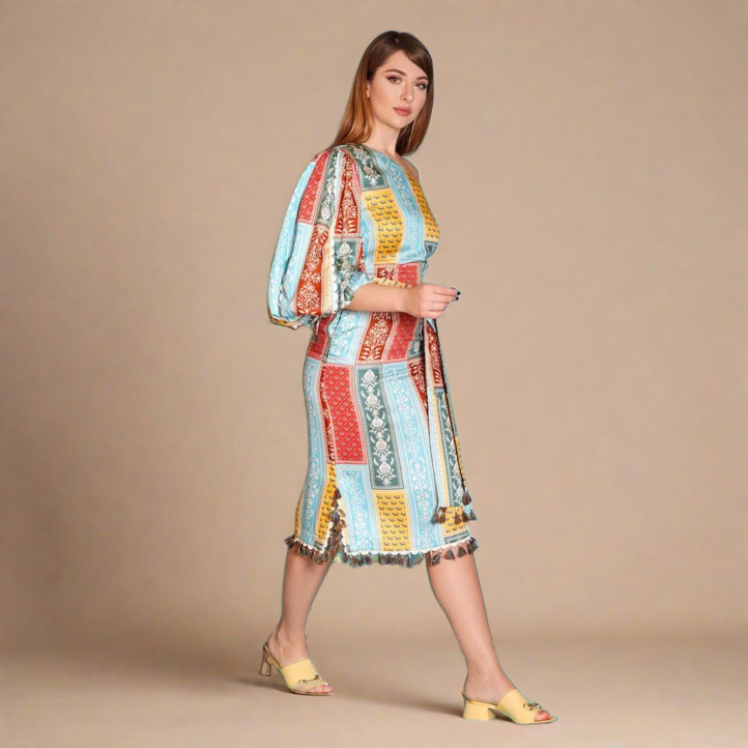 Haveli One Shoulder Dress | Bohemian Midi Dress Wedding Guest Attire   Sandhya Garg