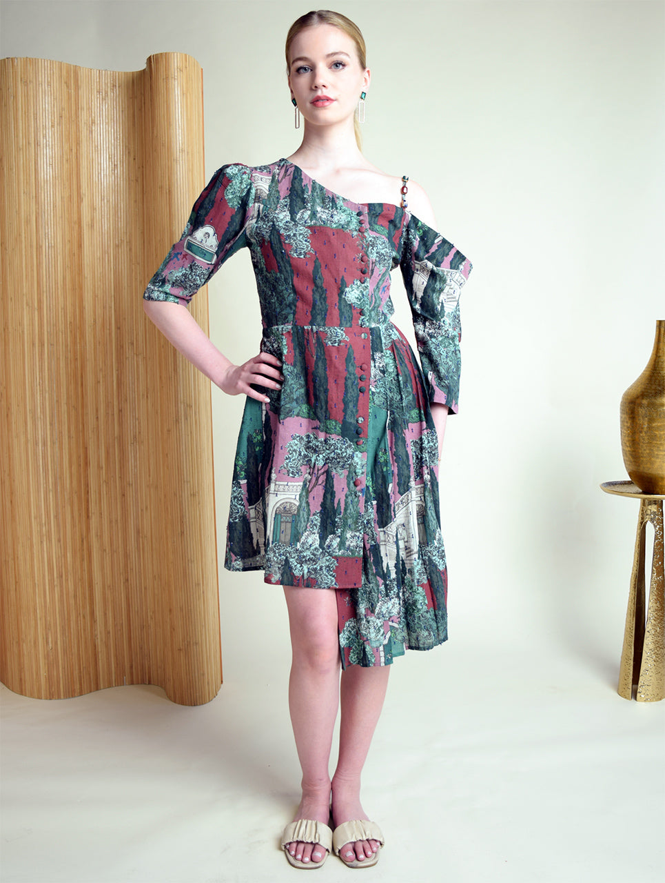 pink printed dress women