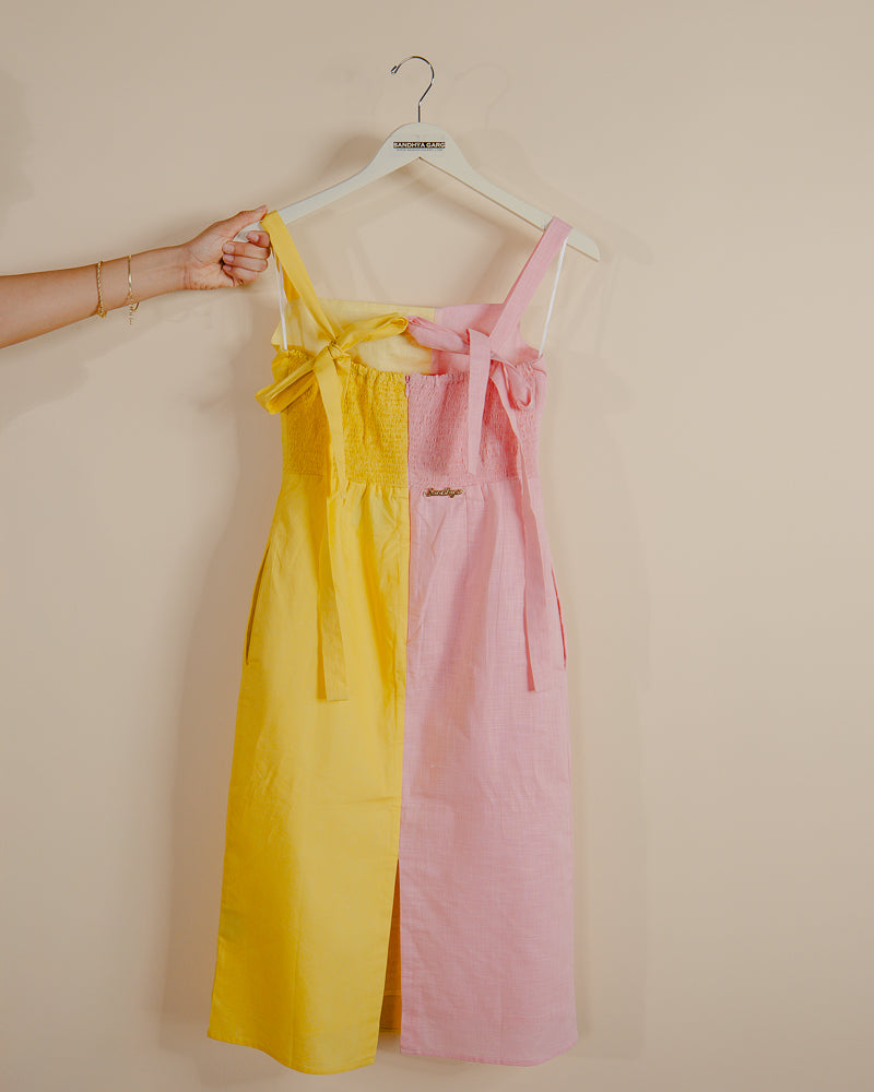 Pink - Yellow Color Block Midi Dress with Scallop Detail| Sandhya Garg Pink - Yellow Color Block Midi Dress with Scallop Detail| Sandhya Garg