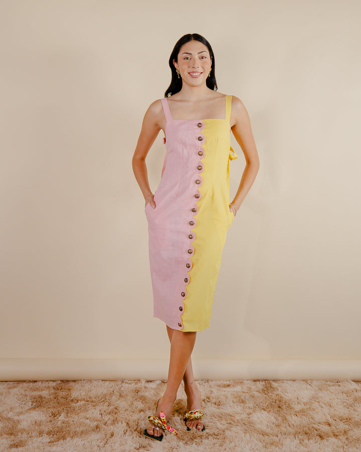 Pink - Yellow Color Block Midi Dress with Scallop Detail| Sandhya Garg Pink - Yellow Color Block Midi Dress with Scallop Detail| Sandhya Garg