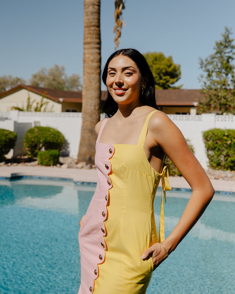 Pink - Yellow Color Block Midi Dress with Scallop Detail| Sandhya Garg