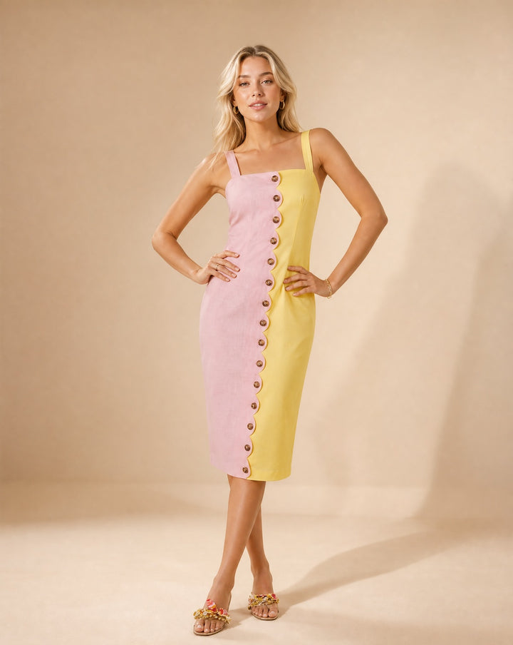 yellow and pink midi dress Yellow Striped Midi Dress With Coral And Pink Striped Bodice  Purple Door  Boutique