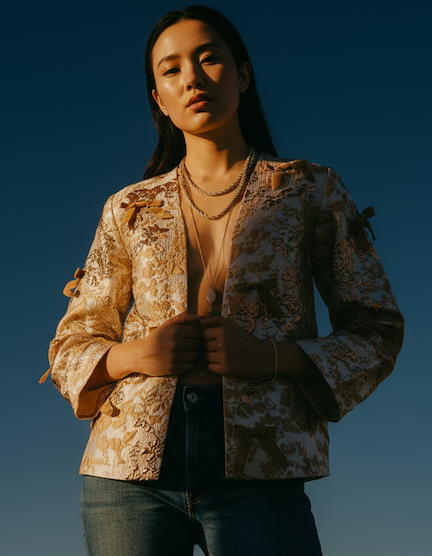 Woman wearing a patterned gold brocade jacket against a blue sky