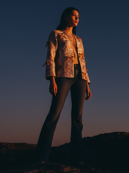 Woman wearing a patterned brocade jacket with bows and dark pants against a twilight sky.