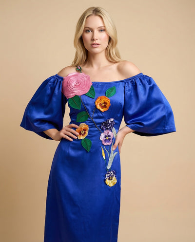 Marquis Royal Blue Embroidered Maxi Dress — 70s bohemian evening style