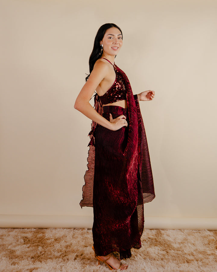 Indian Maroon Saree Dress | Sari Drape Dress | Indian American Dress Sandhya Garg Indian Maroon Saree Dress | Sari Drape Dress | Indian American Dress Sandhya Garg
