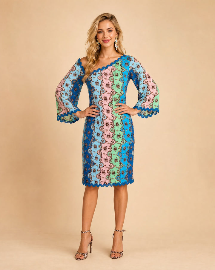 sophie midi dress Green Printed Midi Dress – Bell Sleeve Wedding Guest