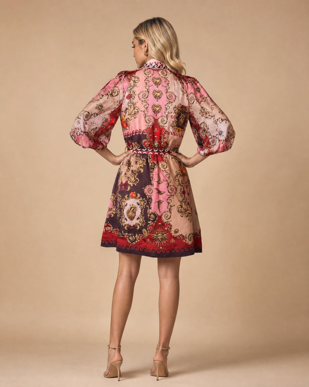 Pink Printed Mini Shirt Dress Long Sleeves