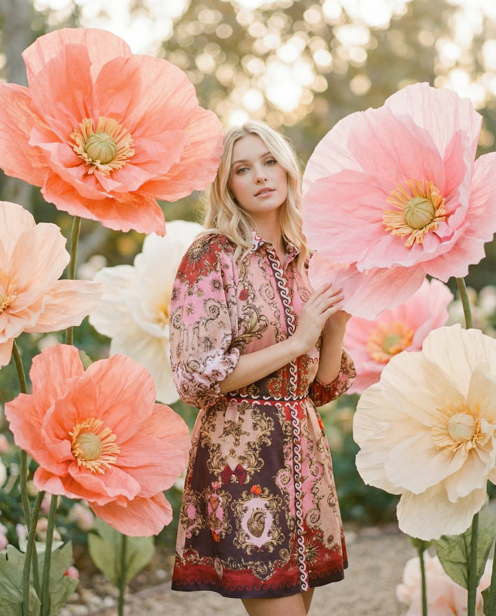 Pink Printed Mini Shirt Dress Long Sleeves