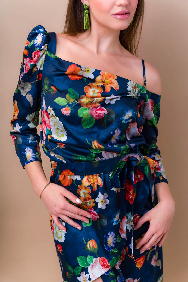 blue cheese dressing Floral Velvet Pleated V-Neck Wedding Guest Dress with Pockets