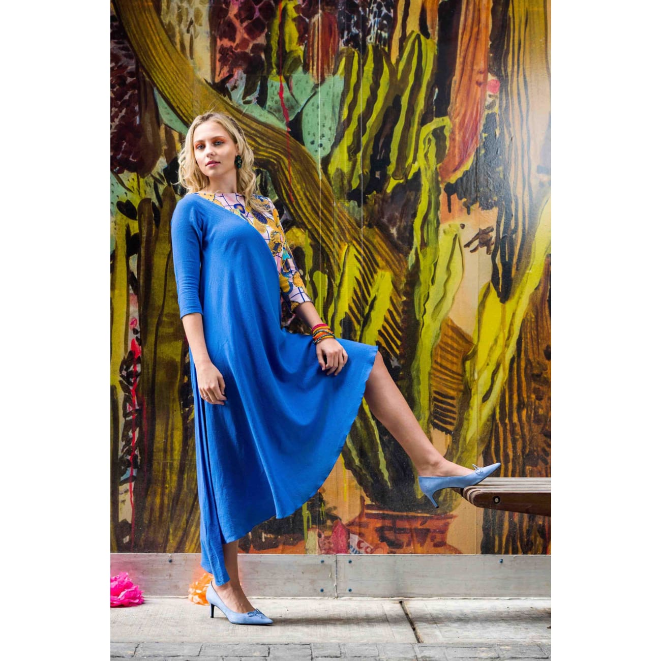 blue midi dress with sleeves