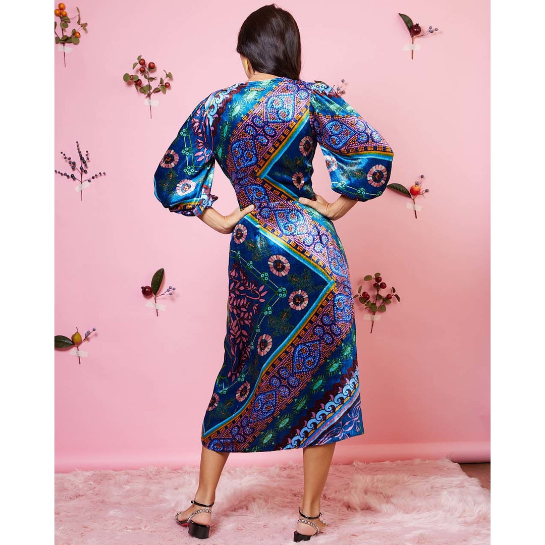 Gaudi Teal Wrap Velvet Dress – Sandhya Garg