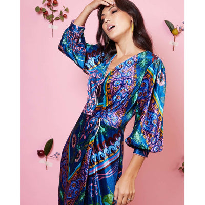 Gaudi Teal Wrap Velvet Dress – Sandhya Garg