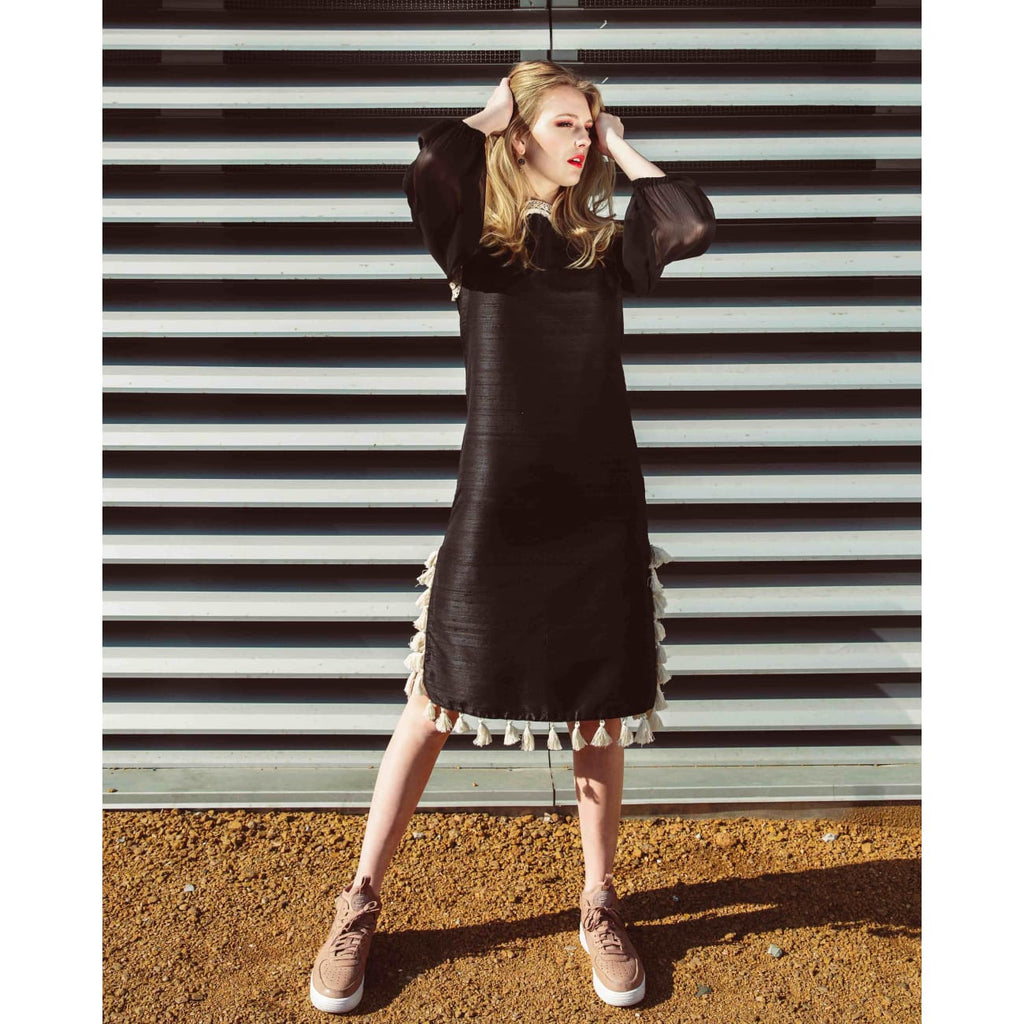 blue dress for baby girl Black Kaftan Dress | Long sleeve Silk Midi Dress