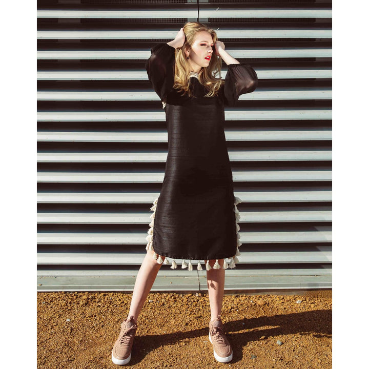 blue dress for baby girl Black Kaftan Dress | Long sleeve Silk Midi Dress