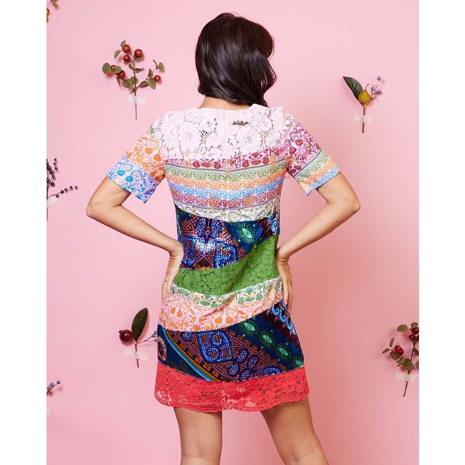 Pink Lace Mini Dress | Rainbow Patchwork dress for women  Sandhya Garg